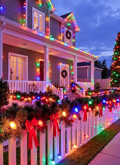 Minetom Vintage C9 LED Christmas Lights Outdoor Multicolor, 50 Feet C9 String Lights for Christmas Tree Roofline Holiday Party Indoor Outdoor Garden Patio Backyard Cafe Xmas Decoration, Green Wire