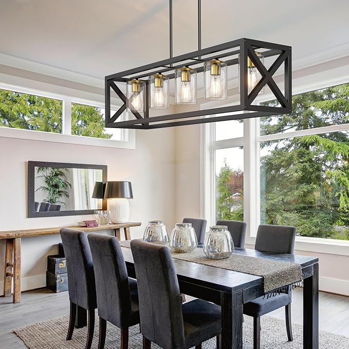 Black Gold Dining Room Light Fixture - 5 Light Chandeliers for Dining Room with Clear Glass Shade & Adjustable Height & Thickened Metal Rectangle Dining Table Light Fixture