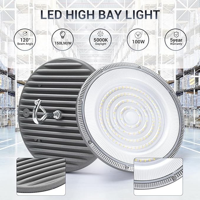 XYCN 15 Pack 100W UFO Led High Bay Light,IP66 Waterproof,120VAC,15050LM 5000K Daylight Area Lighting,450W MH/HPS with Plug Commercial Bay Lighting for Warehouse/Shop/Workshop/Barn/Gym/Factory