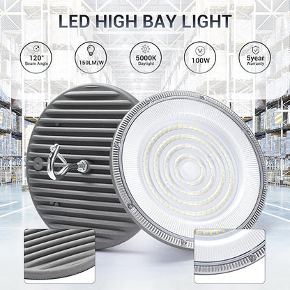 XYCN 15 Pack 100W UFO Led High Bay Light,IP66 Waterproof,120VAC,15050LM 5000K Daylight Area Lighting,450W MH/HPS with Plug Commercial Bay Lighting for Warehouse/Shop/Workshop/Barn/Gym/Factory