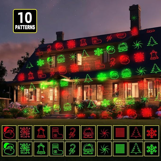 Christmas Laser Projector Lights, 10 Patterns Moving Red Green Outdoor Garden Waterproof Decorative Starry Lights Projector with RF Remote for Holiday Party Indoor Decoration Home Decor