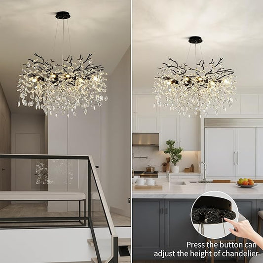Modern Crystal Tree Branch Chandelier, Black Round Art Deco Pendant Light Raindrop Lighting Fixture for Dining Room Bedroom Foyer 8 Lights D23.7''