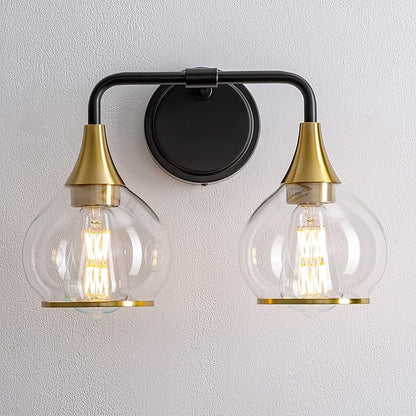 Black and Gold Bathroom Light Fixtures 2-Lights Vanity Lights with Clear Glass Shade Bathroom Vanity Light 14 Inch Wall Sconces(Exclude E26 Bulb)…