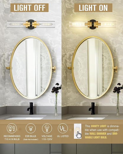 Emak Black and Gold Vanity Lights for Mirror, Modern 22 Inch Bathroom Light Fixtures with Clear Glass Shade, 2-Light Cylinder Wall Sconce for Bathroom, Bedroom, Hallway, VL085-BKBGD-2