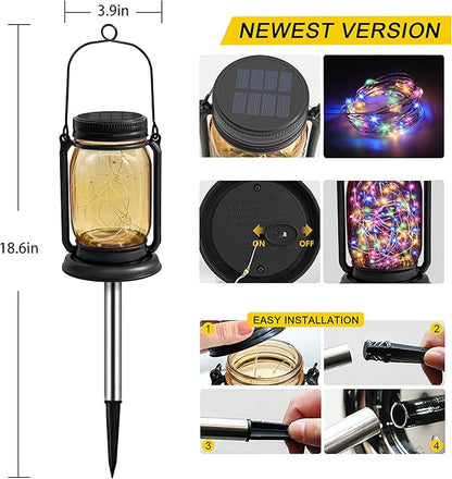 4 Pack Hanging Solar Lantern Lights, 30LED Vintage Glass Mason Jar Solar Fairy Lights Outdoor Decorative Waterproof Table Light with Stakes for Patio Yard Lawn Tree