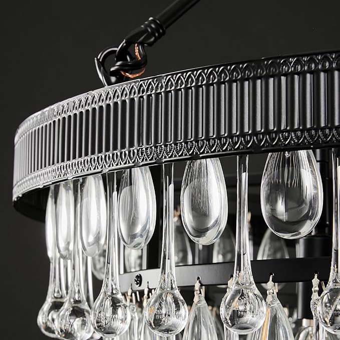 Black Modern Raindrop Crystal Chandelier: 28" Round K9 Crystals Contemporary Chandeliers for Dining Room Lights over Table - Adjustable Large Light Chandelier for Bedroom Living Kitchen Entryway Foyer