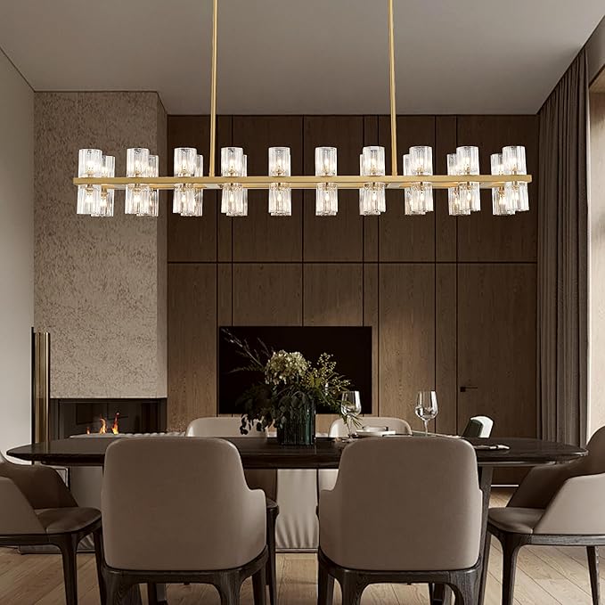 Gold Rectangular Crystal Chandelier for Dining Room, 53 in Light Fixture Chandelier Over Table, Modern Crystal Chandelier Pendant Light for Kitchen Island Living Room