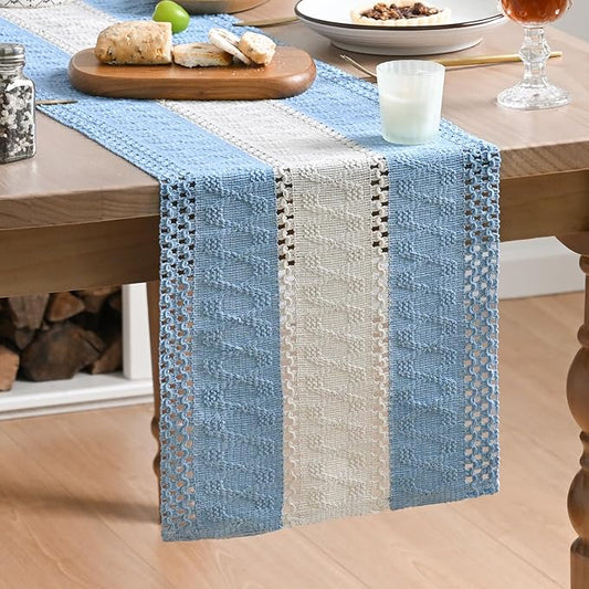 Artoid Mode Sky Blue Farmhouse Rustic Table Runner, Seasonal Hollow Kitchen Dining Table Decoration for Home Party Decor 12x72 Inch