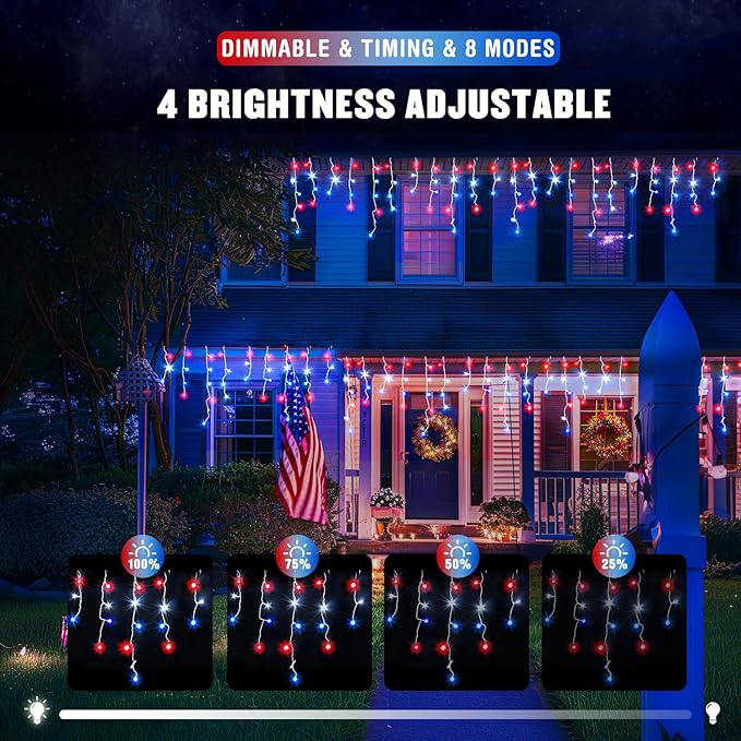 JMEXSUSS Icicle Lights for 4th of July Decor, 400 LED Red White and Blue Icicle Lights for Outside, 38.8 Ft Independence Day Icicle String Light Indoor Outdoor Holiday American Flag Decor