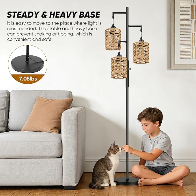 ROTTOGOON Dimmable Rattan Floor Lamp, 3 x 800LM LED Bulbs Included, Boho Tree Standing Lamps with 3 Hand-Woven Octagonal Lantern Shades, Industrial Floor Lamp for Living Room, Bedroom, Office - Black