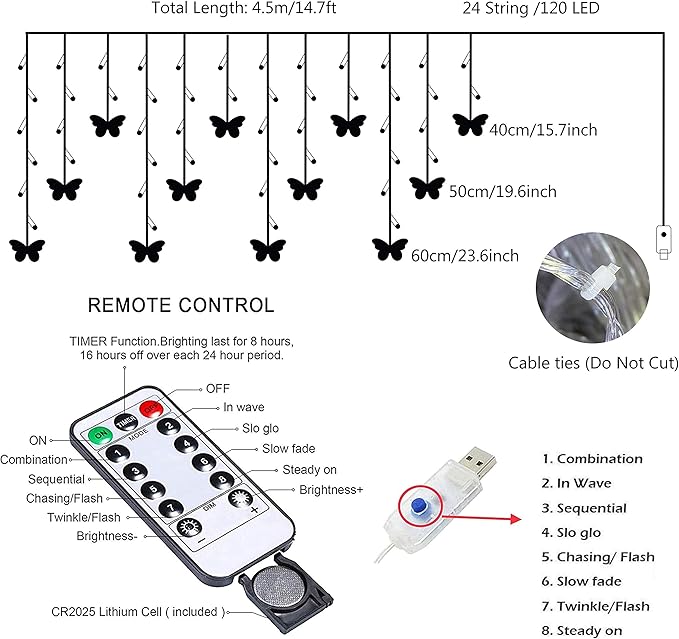 Butterfly Curtain Fairy String Lights, 120LED 8 Modes USB Powered Timer Firefly Twinkle Light with Romote, 14.7FT Copper Wire Hanging Decoration for Room, Wedding, Bedroom, Party, Christmas Decor