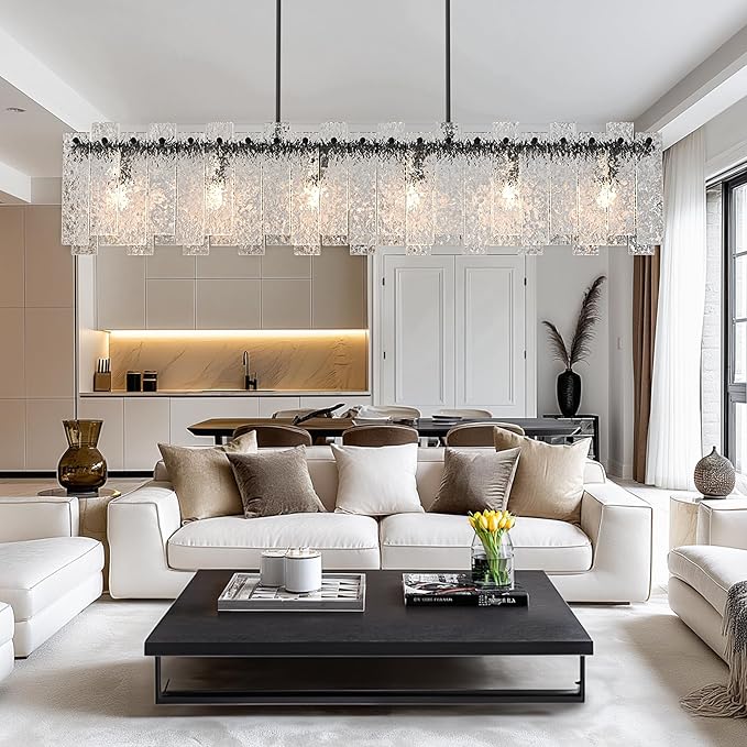 Modern Black Rectangle Chandelier, 48" Dining Room Chandelier with Water Ripple Glass, Staggered Design, Linear Crystal Chandeliers for Dining Room, Living Room, Kitchen Island