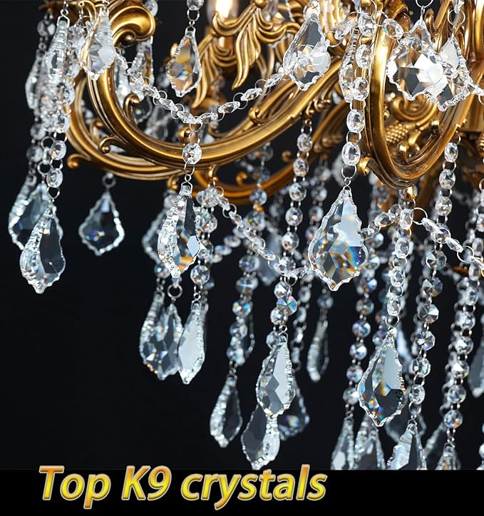 Antique Gold Crystal Chandeliers for High Ceiling H54, 15 Lights Large Luxury Crystal Candle Style Chandelier Light Fixture, Foyer Entryway Staircase Oversize Round H54 D32