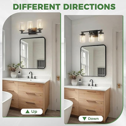 DORESshop 20 Inch Bathroom Light Fixtures, 3-Light Black with Gold Trim Over Mirror with Clear Glass Shade, Vanity Lights for Living Room Bedroom, ETL Listed