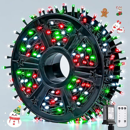 JMEXSUSS 500 LED Red White and Green Christmas Lights, 173ft Christmas Tree Lights Outdoor Waterproof, 8 Modes Twinkle String Lights for House Xmas Tree Party Holiday Decor