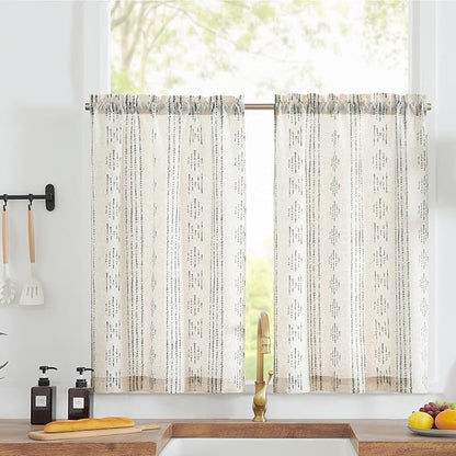 jinchan Boho Kitchen Curtains Linen Tier Curtains 45 Inches Bohemian Cafe Small Drapes Gray Striped Mudcloth Farmhouse for Bathroom RV Camper Light Filtering Rod Pocket 2 Panels Grey on Beige