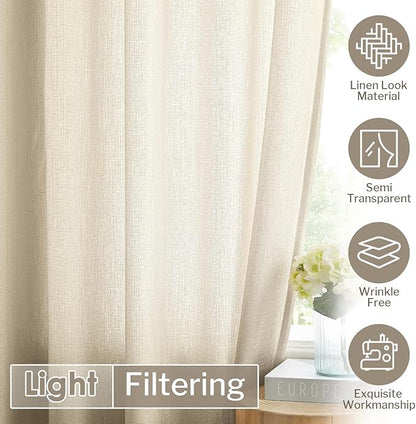 Melodieux Tan Semi Sheer Curtains 72 Inches Long for Bedroom, Living Room Farmhouse Linen Look Shiny Sheer Drapes, Rod Pocket Light Filtering Sheer Curtains, 52" W x 72" L, 2 Panels