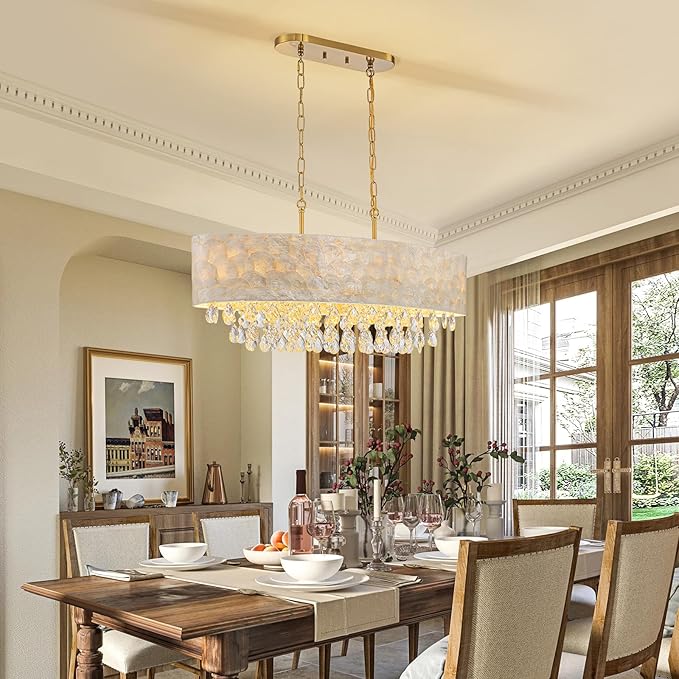 LumFurn 6-Light Oval Capiz Shell Crystal Linear Chandeliers, Coastal Design Light Fixture for Dining Room, Kitchen Island, L32xW12xH19~65 Inch(Adjustable), Shell Lampshade & Brass Finish