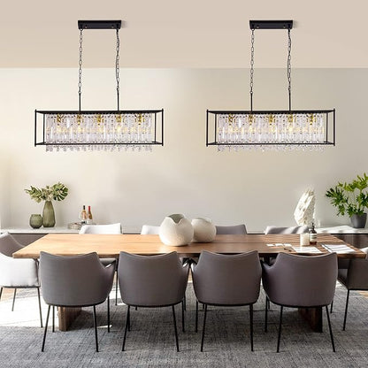 Crystal Chandeliers for Dining Room, Modern Black Chandelier for Living Room, Adjustable Height, 5-Light Pendant Light Fixture, Rectangle Lighting for Kitchen Island Living Room-L35.4"