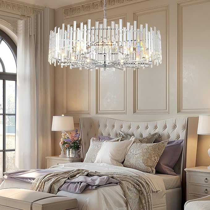 Modern Crystal Chandelier Chrome, 39.4" Large Round Dining Room Chandelier Luxury Top K9 Hanging Pendant Light Fixture for Living Room Bedroom Entryway