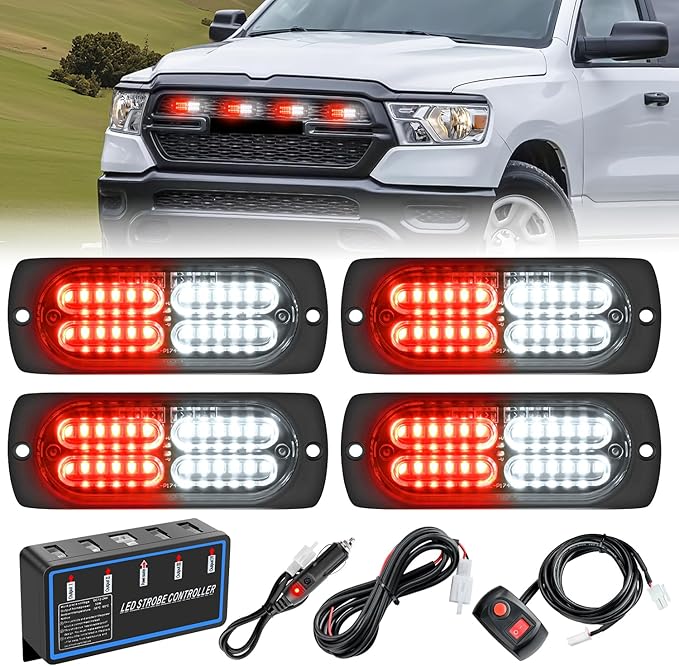 Nilight 4PCS LED Strobe lights 12V 24V Sync Feature Red White 24LED Emergency Hazard Warning Lights with Controller Hard Wire or Cigarette Lighter Plug for Car Truck RVs Campers