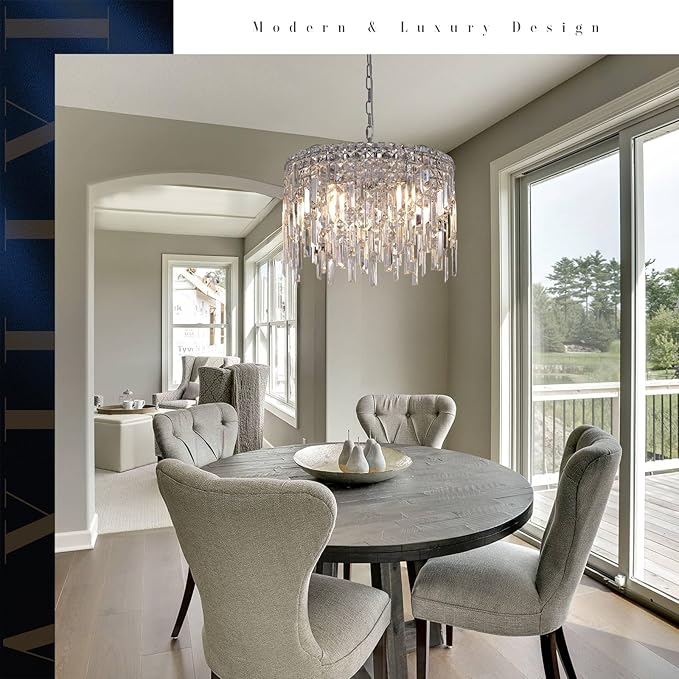 A AXILIXI Round Crystal Chandelier Modern 20" Drum Chandelier with Chain Chrome Adjustable K9 Raindrop Crystal Ceiling Pendant Fixtures 2 Tiers for Dining Room Bedroom Living Room