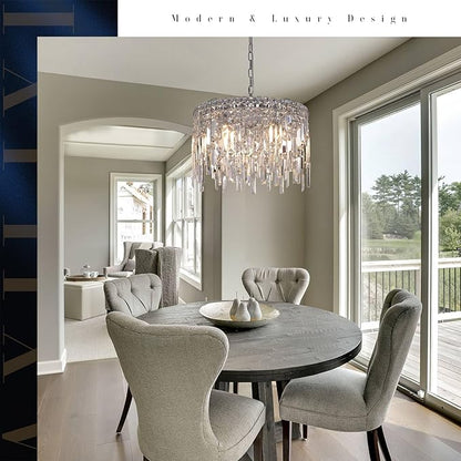 A AXILIXI Round Crystal Chandelier Modern 20" Drum Chandelier with Chain Chrome Adjustable K9 Raindrop Crystal Ceiling Pendant Fixtures 2 Tiers for Dining Room Bedroom Living Room