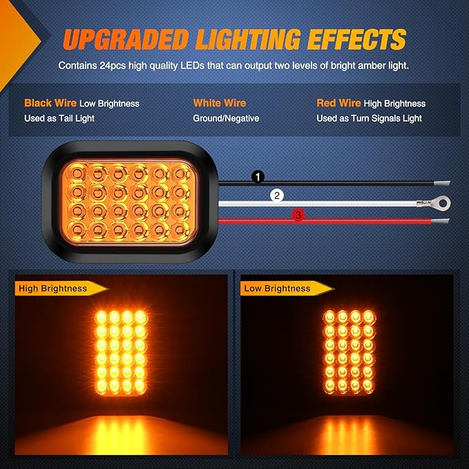 Nilight 5” X 3” Rectangular Trailer Tail Light 2 PCS Amber 24 LED Turn Signal Lights w/Flush Mount Grommets Plugs IP67 Waterproof for 12V Truck ATV UTV Bus RV Camper