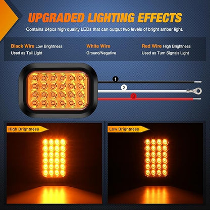 Nilight 5” X 3” Rectangular Trailer Tail Light 2 PCS Amber 24 LED Turn Signal Lights w/Flush Mount Grommets Plugs IP67 Waterproof for 12V Truck ATV UTV Bus RV Camper