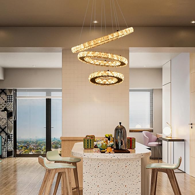 Dimmable Crystal LED Chandelier(3000-6500K) for High Ceiling – Remote Control, Adjustable Height, Modern Stainless Steel Fixture for Foyer, Staircase, Living Room(Chrome 3-Ring)