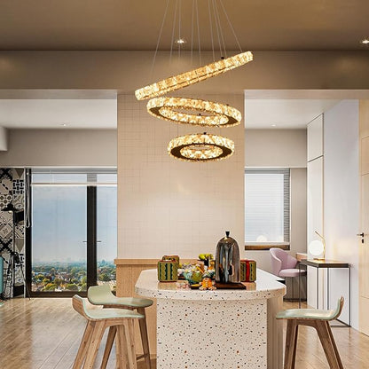 Dimmable Crystal LED Chandelier(3000-6500K) for High Ceiling – Remote Control, Adjustable Height, Modern Stainless Steel Fixture for Foyer, Staircase, Living Room(Chrome 3-Ring)