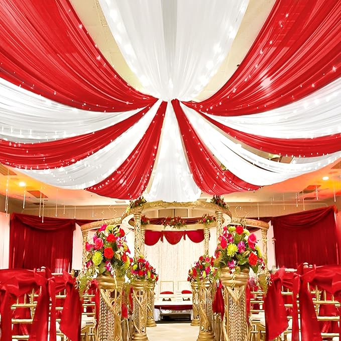 4 Panels Red Ceiling Drapes for Wedding Ceiling Drapes 5ftx40ft Wedding Arch Draping Fabric Sheer Curtains Voile Chiffon Drapery Draping Decorations for Party Ceremony Stage