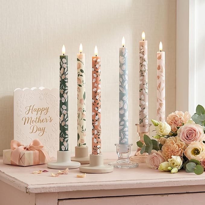 Honoson 6 Pcs Mother's Day Flameless Taper Candles 10.6 Inch Pastel Spring Flower Candles Battery Operated LED Candlesticks for Mother's Day Dinner Table Home Party Decor