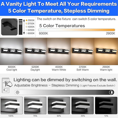 SOLFART Bathroom Light, 5 Color Temperature LED Bathroom Vanity Fixtures, Black 3 Lights Vanity Light Over Mirror Modern LED Light Adjustable Color 5CCT