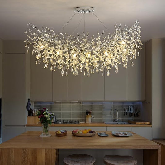 Rectangle Crystal Tree Branch Chandelier, L40'' Modern Luxury Chrome Linear Art Deco Raindrop Pendant Lighting Fixture for Kitchen Island Foyer Living Room Dining Room 10 Lights