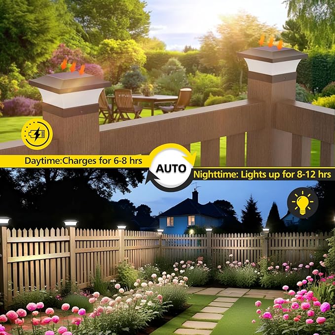 T-SUN Solar Post Lights, Waterproof Outdoor Solar Post Cap Lights for 4 X 4 Wooden Posts, 6000K White LED Lighting, Deck, Patio Garden Decor or Fence(1 Pack)