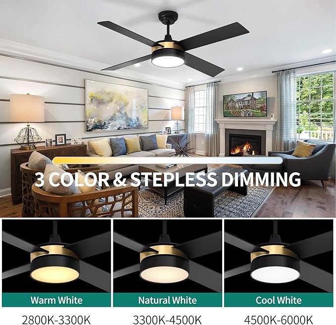 YITAHOME Black Ceiling Fans with Light and Remote, 52 Inch Gold Dimmable Fanlight for Indoor, 6 Modes with Stepless Color Temperature, Memory Function