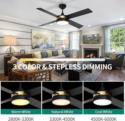 YITAHOME Black Ceiling Fans with Light and Remote, 52 Inch Gold Dimmable Fanlight for Indoor, 6 Modes with Stepless Color Temperature, Memory Function