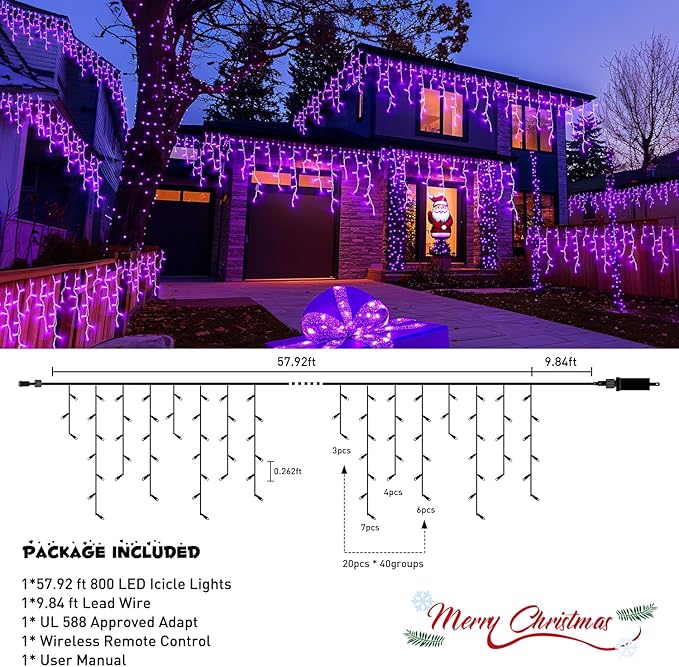 JMEXSUSS Purple Christmas Lights Outdoor, 800 LED Purple Icicle Lights Outdoor Waterproof, 8 Modes String Light Plug in for Fireplace Tree Garden Patio Halloween Decor