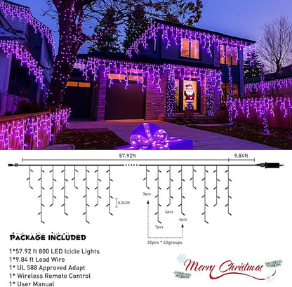 JMEXSUSS Purple Christmas Lights Outdoor, 800 LED Purple Icicle Lights Outdoor Waterproof, 8 Modes String Light Plug in for Fireplace Tree Garden Patio Halloween Decor