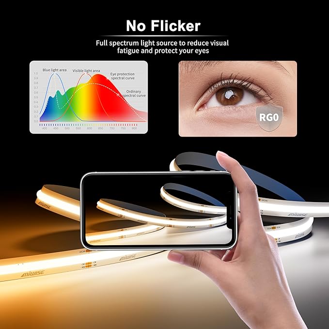 MIWISE COB LED Strip Light White LED Tape Lights 2700K-6500K 24V Color Changing Dimmable 6.56ft UL-Listed Super Bright with Remote & APP Control for Under Cabinets,Bedroom,Mirror,TV DIY Lighting