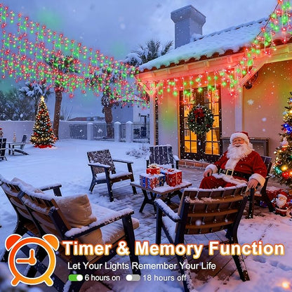 KNONEW Christmas Lights Outdoor Decorations 400 LED 33ft 8 Modes Curtain Fairy String Light with 75 Drops, Clear Wire LED String Light Indoor Decor for Wedding Party Christmas (Red and Green)