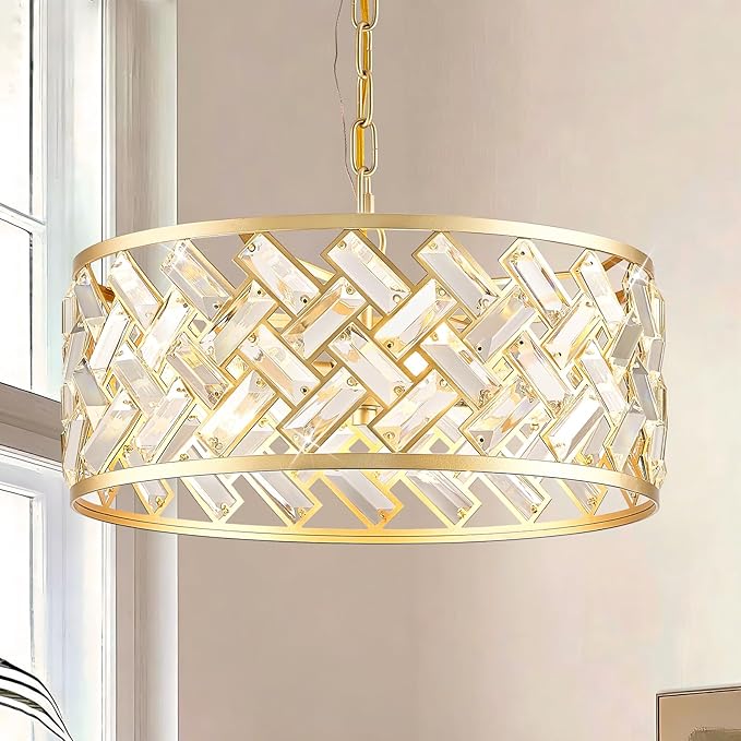 Gold Crystal Chandelier, 4-Light Morden Dining Room Light Fixture,15.16" Round Semi Flush Mount Chandeliers for Kitchen Foryer Entryway Hallway Living Room Bedroom (ETL Listed)