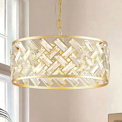 Gold Crystal Chandelier, 4-Light Morden Dining Room Light Fixture,15.16" Round Semi Flush Mount Chandeliers for Kitchen Foryer Entryway Hallway Living Room Bedroom (ETL Listed)