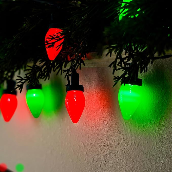 RECESKY C7 Bulbs Christmas String Lights with Remote - 50 LED 26ft Battery String Lights - Fairy Christmas Lighting for Patio Decor Eave Roofline Holiday Festival Christmas Eve Decorations - Red Green