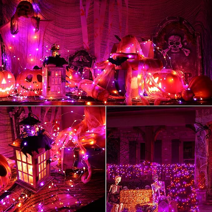 BrizLabs Purple & Orange Halloween Lights, 2 Pack 17.48ft 50 LED Halloween String Lights with Remote, 8 Modes Battery Purple & Orange Fairy Light Waterproof Twinkle Light for Outdoor Haunted Decor