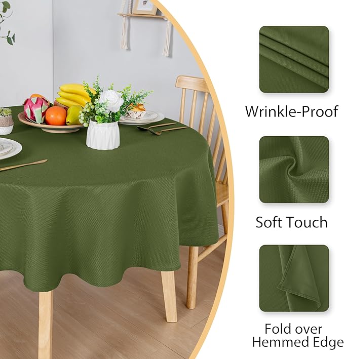 Hiasan Round Textured Tablecloth 60 Inch - Waterproof Spillproof Antiwrinkle Jacquard Table Cloth, Decorative Polyester Table Cover for Kitchen, Outdoor Picnic, Holiday and Parties, Olive Green