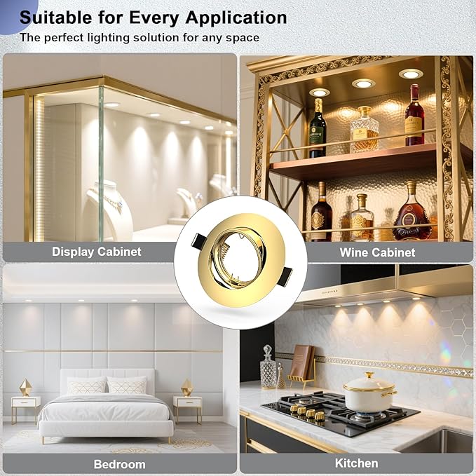 6 Pack Spotlight Fixtures Gu10 Recessed Frame Spotlight, Compatible with MR16 GU5.3 Bulbs, Adjustable Light Fitting for Cabinet Kitchen, Gold