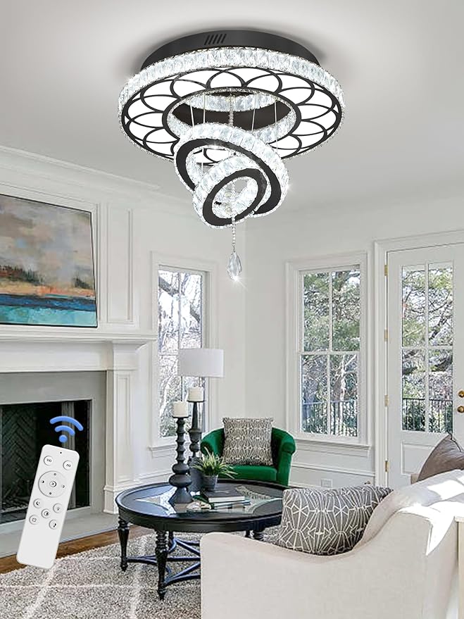 Flashing God Dia 20" Modern Crystal Chandelier Flush Mount Chandeliers LED Dimmable Bedroom Chandelier Crystal Ceiling Light for Dining Room Living Room Foyer Black