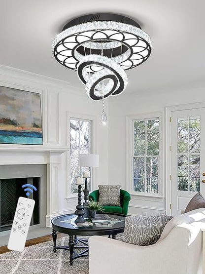 Flashing God Dia 20" Modern Crystal Chandelier Flush Mount Chandeliers LED Dimmable Bedroom Chandelier Crystal Ceiling Light for Dining Room Living Room Foyer Black